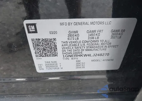 2020 Chevrolet Traverse Fwd Lt Leather from USA, damaged, VIN 1GNERHKW4LJ248270